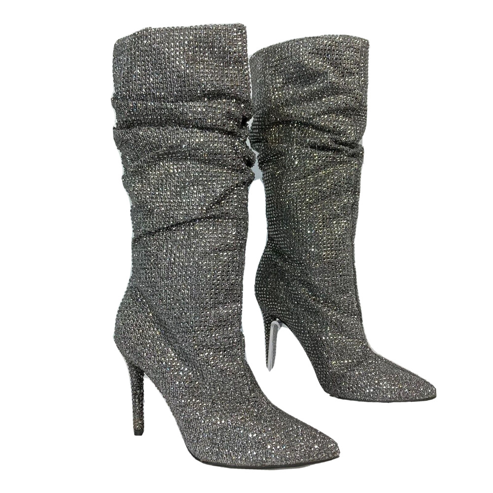 Jessica Simpson Boots Womens Sz 6.5 Silver Rhinestone Stiletto Scrunch Layzer